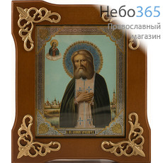  Икона в раме 11х13, багет дерево, под стеклом, лепнина завиток Серафим Саровский, преподобный, фото 1 
