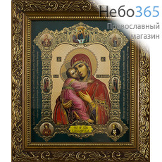  Икона в раме 19х22, конгревное тиснение, деревянный багет, зеленый фон, под стеклом Божией Матери икона Владимирская, фото 1 