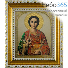  Икона в раме 9х11, полиграфия, золотое и серебряное тиснение, пластиковый багет, под стеклом Пантелеимон Целитель, великомученик, фото 1 