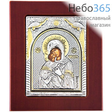  Икона 11х13 см, на деревянной основе, в посеребренной и позолоченной ризе с византийским орнаментом, с подставкой (Нпл) икона Божией Матери Владимирская, фото 1 