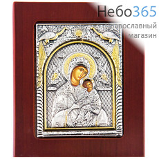  Икона 11х13 см, на деревянной основе, в посеребренной и позолоченной ризе с византийским орнаментом, с подставкой (Нпл) икона Божией Матери Страстная, фото 1 