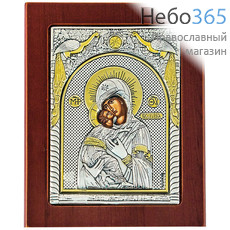  Икона в ризе 14х18, посеребрение, позолота, на дереве икона Божией Матери Владимирская, фото 1 