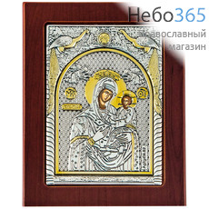  Икона 14х18 см, на деревянной основе, в посеребренной и позолоченной ризе с византийским орнаментом, с подставкой (Нпл) икона Божией Матери Скоропослушница, фото 1 