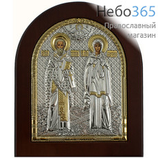  Икона в ризе (Ж) EK3-ХАG 11х13, шелкография, серебрение, золочение, на деревянной основе, арочная, на подставке Киприан, священномученик и Иустина, мученица, фото 1 