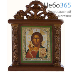  Киот с иконой деревянный 10х13 см, с колоннами и навершием, на подставке (Мис) Спаситель (х30704), фото 1 