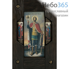  Икона на дереве 11х26 (с рамой 23х38), в деревянной брусковой раме, с предстоящими Александр Невский, благоверный князь (воин) (с предстоящими Архангелами), фото 1 