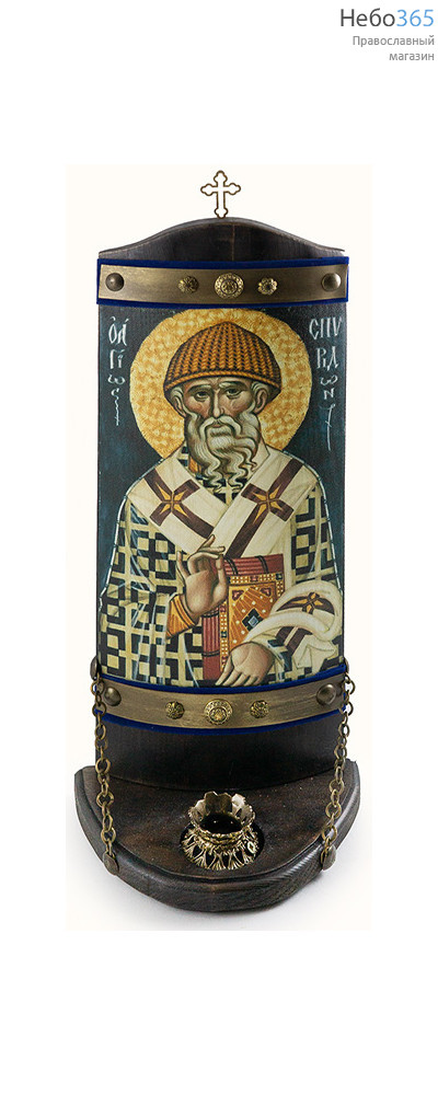  Спиридон Тримифунтский, святитель. Икона на деревянной основе 13х34 см, печать на холсте, объемная, на подставке, с крестом и подсвечником (№19) (Пин), фото 1 