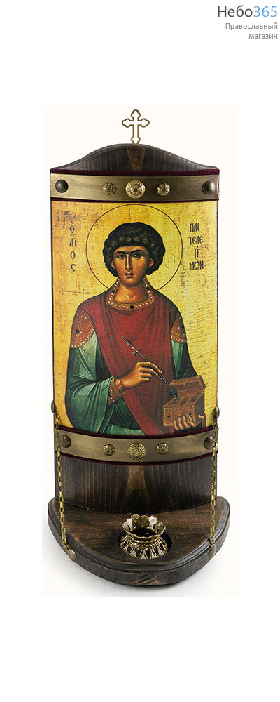  Пантелеимон, великомученик. Икона на деревянной основе 13х32 см, печать на холсте, объемная, на подставке, с крестом и подсвечником (Пин) (№19), фото 1 
