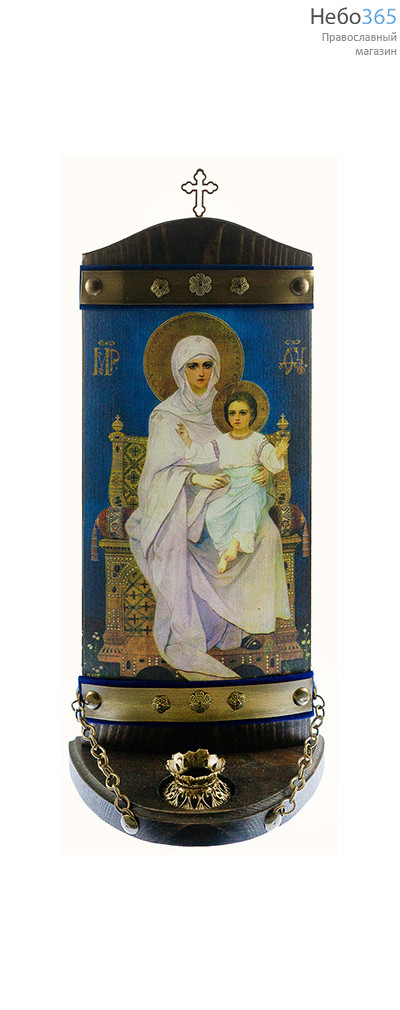  Богородица на престоле. Икона на деревянной основе 15х33 см, печать на холсте, объемная, на подставке, с крестом и подсвечником, фото 1 