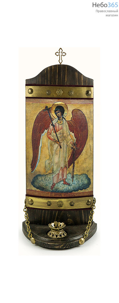  Икона на дереве 13х29, печать на холсте, выпуклая, на подставке, с крестом и подсвечником Ангел Хранитель, фото 1 