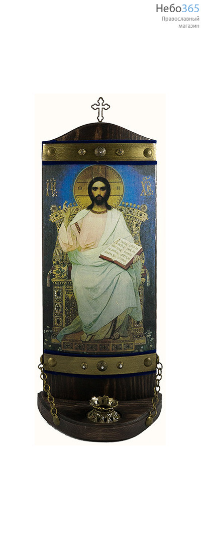  Икона на дереве 13х29, печать на холсте, выпуклая, на подставке, с крестом и подсвечником Господь Вседержитель на престоле, фото 1 
