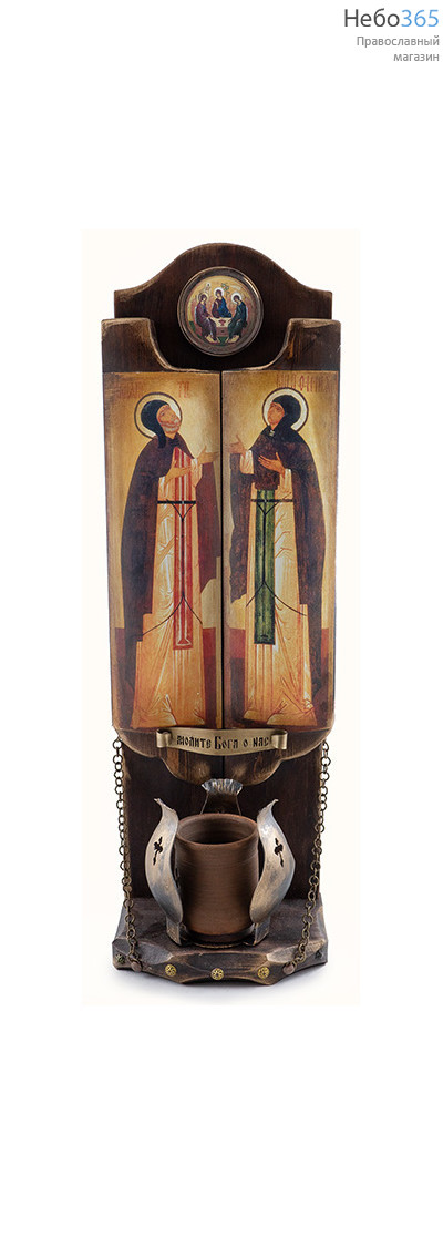  Петр и Феврония, благоверные князь и княгиня. Композиция на дереве 20х72х4 см, с иконой Святой Троицы в медальоне, с кованой лампадой (Пин) (№93), фото 1 
