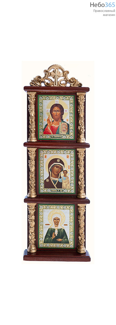  Спаситель, Казанская икона Божией Матери, блаженная Матрона Московская. Киот деревянный 10х30 см с тремя иконами 6х9 см, вертикальный, с лепными позолоченными колоннами и навершием, без стекла, фото 1 