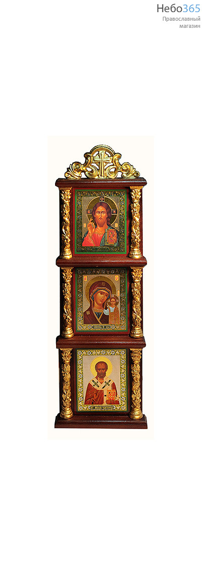  Икона в киоте 10х30, киот тройной, вертикальный, деревянный Господь Вседержитель - Б.М. Казанская - святитель Николай Чудотворец, фото 1 