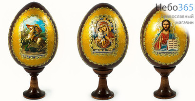  Яйцо пасхальное деревянное на подставке, с иконой, коричневое, среднее, с золотистым фоном, с золотой аппликацией, выс. 8,5 см (без учета подст.) в ассортименте из имеющихся разновидностей, фото 1 