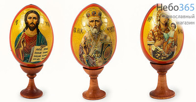  Яйцо пасхальное деревянное на подставке, с иконой, светло-коричневое, среднее, с золотистым фоном, с литографией, высотой 7 см в ассортименте из имеющихся разновидностей, фото 1 