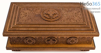  Мощевик - ковчег деревянный, из фанеры прямоугольный, с нижней платформой, резной, со стеклом в резной раме, 41 х 23 х 16 см, КБП, 4203, фото 2 