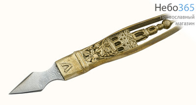  Копие малое. Дамасская сталь, литая латунная ручка с узором Храм, кожаный чехол ., фото 1 