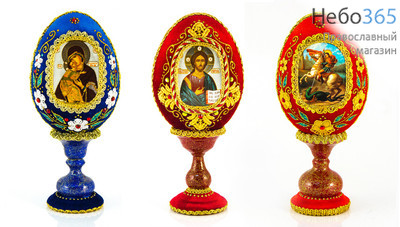  Яйцо пасхальное бархатное с репродукцией иконы, с золотым орнаментом и стразами, на подставке, высотой 11 см, фото 1 