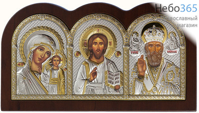  Триптих: Спаситель, Казанская икона Божией Матери, святитель Николай. Икона в ризе 21,5х12 см, полиграфия, серебрение, золочение, на деревянной основе (Ж) (GF0570/2), фото 1 