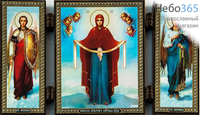  Складень деревянный (Ср) 13х7, тройной (уп.11шт.) икона Божией Матери Покров - Архангелы, фото 1 