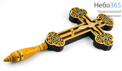  Крест деревянный напрестольный 17105, с бронзовым распятием, резной, с ручкой, с поталью, фото 2 