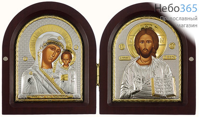  Складень-диптих деревянный 21х13 см, с иконой Спасителя и Казанской иконой Божией Матери, шелкография, посеребренные и позолоченные ризы, арочная форма (ЕК3-DG) (Ж), фото 1 