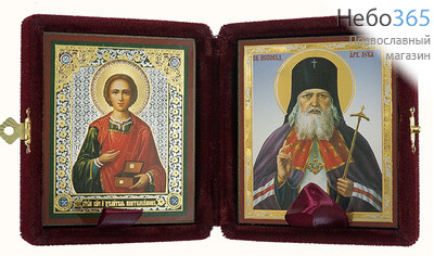  Складень бархатный 15х9 см с иконами 6х7,5 см (Ж) святитель Лука Крымский - великомученик Пантелеимон, фото 1 