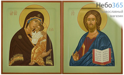  Венчальная пара: Господь Вседержитель, Божией Матери икона Ярославская. Иконы писаные 21х26х3,5, цветной фон, золотые нимбы, с ковчегом, фото 1 