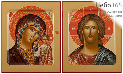  Венчальная пара: Спаситель, Казанская икона Божией Матери. Иконы писаные (Лг) 13х16х2, цветной фон, с ковчегом (цена за пару), фото 1 