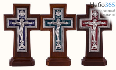  Крест деревянный 17123-1, с вклейкой из гальваники, с эмалью, на подставке, плетенка, с посеребрением, ясень, фото 1 