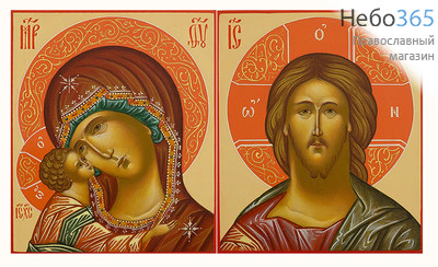  Венчальная пара: Спаситель, Игоревская икона Божией Матери. Иконы писаные 11х13х2 см, цветной фон, без ковчега  (цена за пару) (Лг), фото 1 