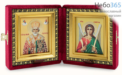  Складень бархатный 20х11 см, двойной, с иконами святителя Николая Чудотворца и Ангела Хранителя (6х7 см), с багетной рамой (0607Б40/1-И110), фото 1 