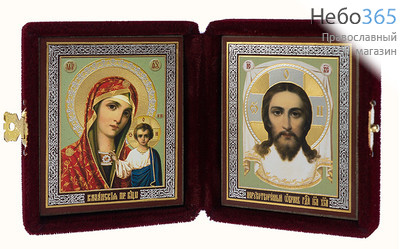  Складень бархатный 15х9 см с иконами: Спаситель и Казанская икона Божией Матери (6х7,5 см), венчальная пара (№31) (Ж), фото 1 