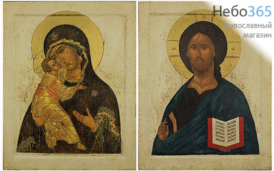  Венчальная пара: Спаситель, Владимирская икона Божией Матери. Иконы на дереве 12х9,5 см, печать на левкасе, золочение (ВП-11в) (Тих), фото 1 