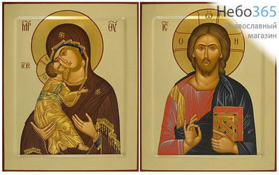  Венчальная пара: Господь Вседержитель, Божией Матери икона Владимирская. Иконы писаные 21х26х2,2, цветной фон, золотые нимбы, с ковчегом, фото 1 