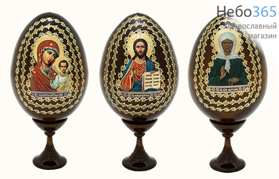  Яйцо пасхальное деревянное на подставке, с иконой, мореное, среднее в ассортименте из имеющихся разновидностей, фото 1 