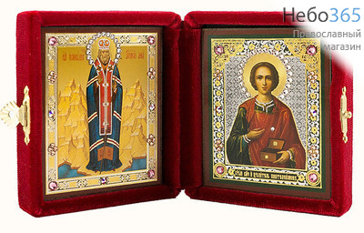  Складень бархатный с иконами 6х7,5 , стразы Лука Крымский, святитель - Пантелеимон, великомученик, фото 1 
