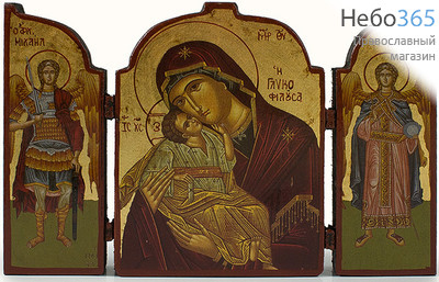  Складень деревянный B 81, 14х20, тройной, ручное золочение с иконой Божией Матери Сладкое лобзание, фото 1 