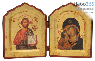  Складень деревянный с иконами: Спаситель и Донская икона Божией Матери, 20х13х2 см, двойной, арочный с фигурным верхом, ручное золочение, с ковчегом (B30S) (Нпл), фото 1 