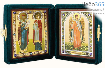  Складень бархатный с иконами 6х7,5 , стразы Петр и Феврония, благоверные князья - Ангел хранитель, фото 1 