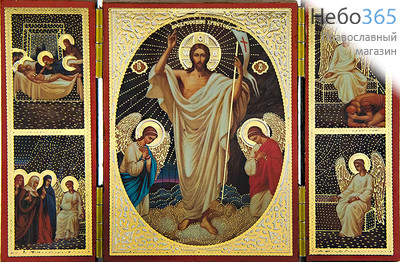  Воскресение Христово. Складень деревянный 11,5х7,5 см, тройной, полиграфия с золотым и серебряным тиснением, в коробке (Т), фото 1 