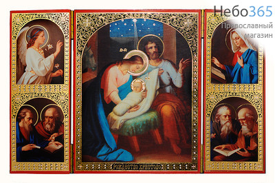  Складень деревянный (Г) 17,8х11,5, тройной,  полиграфия с золотым и серебряным тиснением, в коробке Рождество Христово, фото 1 