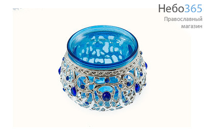  Лампада настольная металлическая Жемчужный шар с цветным стаканом, высотой 5 см, в подарочной упаковке с синим стаканом, фото 1 