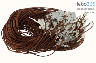  Гайтан шелковый, с крестиком и замком, длиной 60 см, диаметром 2 мм, цвета в ассортименте цвет - коричневый, крест - серебристый, фото 1 