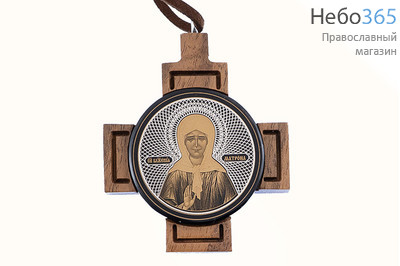  Матрона Московская, блаженная. Икона автомобильная 5,3х5,3 см, на обсидиане с посеребрением, круглая, на деревянном кресте, подвесная (ДКР-07) (Л), фото 1 
