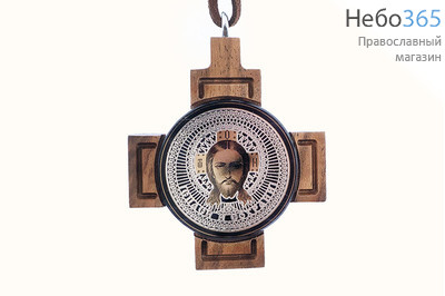  Спас Нерукотворный. Икона автомобильная 5,3х5,3 см, на обсидиане с посеребрением, круглая, на деревянном кресте, подвесная (ДКР-07) (Л), фото 1 