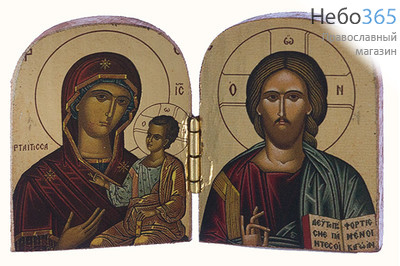  Складень с иконами: Иверская икона Божией Матери, Спаситель, 7х4,5х1 см. Двухстворчатый, деревянный, с наружной резьбой (Нпл) (A16), фото 1 