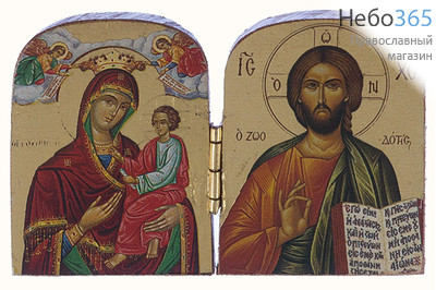  Складень с иконами: Скоропослушница икона Божией Матери, Спаситель, 7х4,5х1 см. Двухстворчатый, деревянный, с наружной резьбой (Нпл) (A16), фото 1 