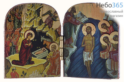  Складень с иконами: Рождество Христово, Крещение Господне, 7х4,5х1 см. Двухстворчатый, деревянный, с наружной резьбой (Нпл) (A16), фото 1 